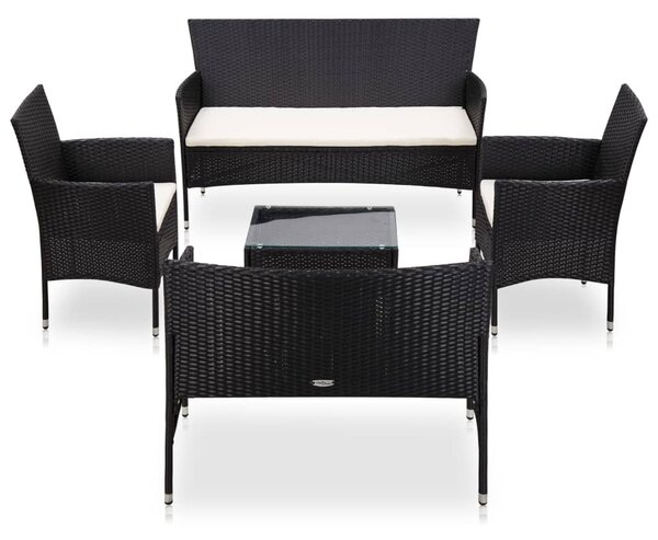 5 részes fekete polyrattan kerti bútorszett párnákkal