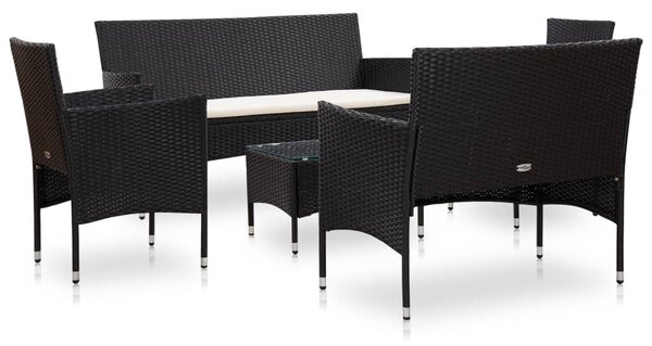 5 részes fekete polyrattan kerti bútorszett párnákkal