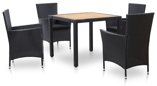 5 részes fekete polyrattan kültéri étkezőszett párnákkal
