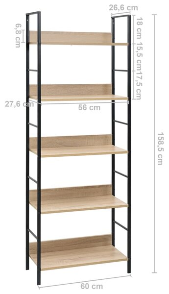 5 szintes tölgyszínű szerelt fa könyvespolc 60x27,6x158,5 cm