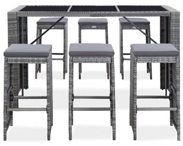7 darabos szürke polyrattan kerti bárszett párnákkal