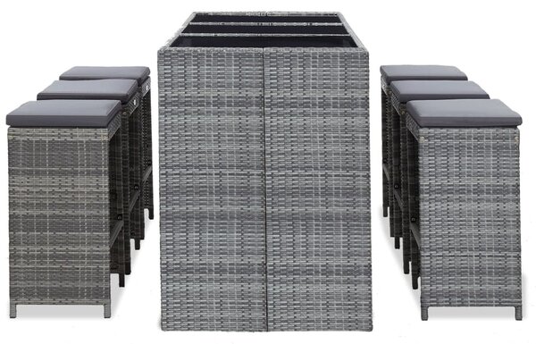 7 darabos szürke polyrattan kerti bárszett párnákkal