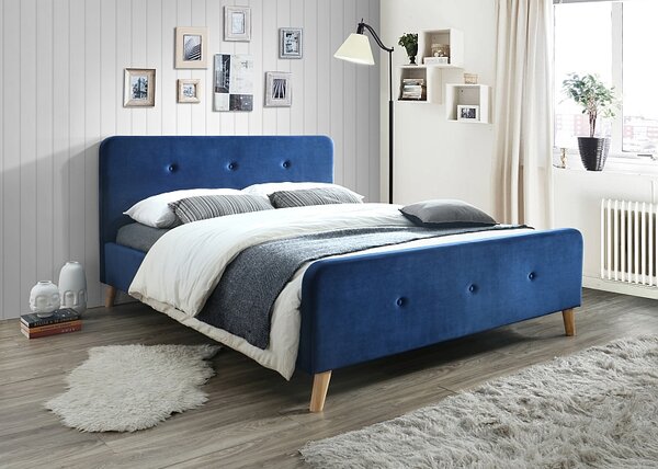 Kárpitozott ágy MALMO VELVET 160 x 200 cm kék/tölgy