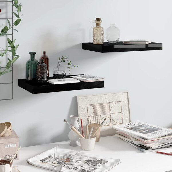 2 db magasfényű fekete MDF lebegő fali polc 40 x 23,5 x 3,8 cm