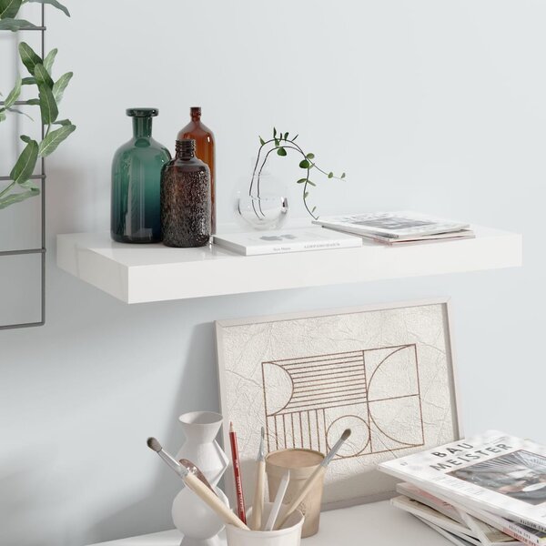 Magasfényű fehér MDF lebegő fali polc 50 x 23 x 3,8 cm