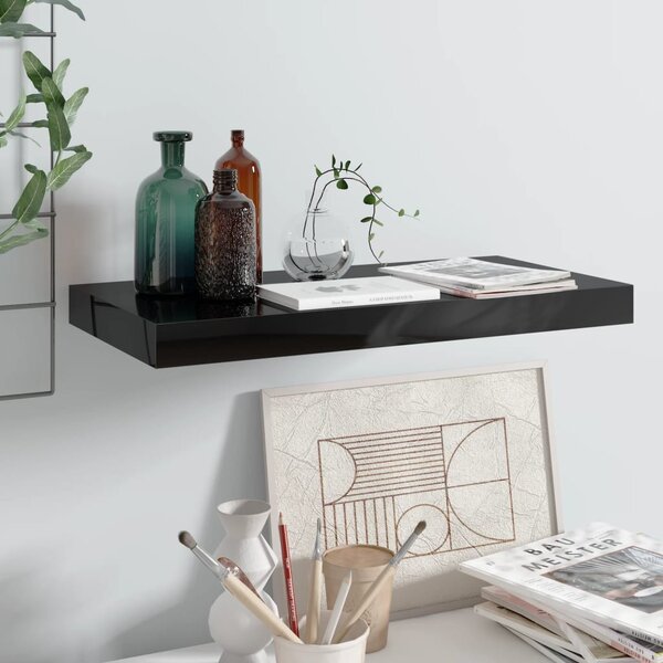 Magasfényű fekete MDF lebegő fali polc 50 x 23,5 x 3,8 cm
