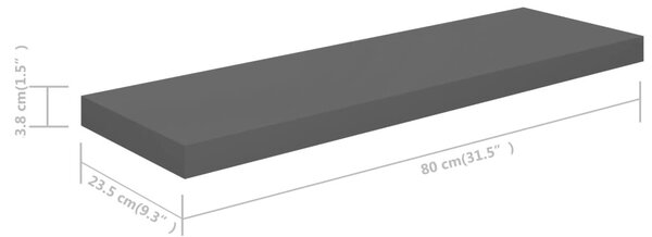 Magasfényű szürke MDF lebegő fali polc 80 x 23,5 x 3,8 cm