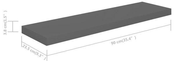 2 db magasfényű szürke MDF lebegő fali polc 90 x 23,5 x 3,8 cm