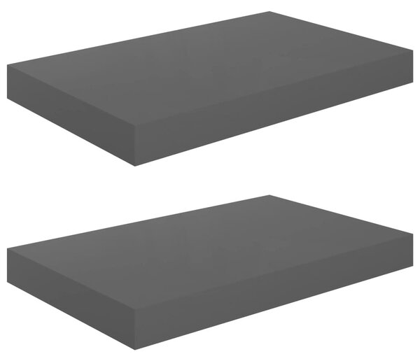 2 db magasfényű szürke MDF lebegő fali polc 40 x 23 x 3,8 cm