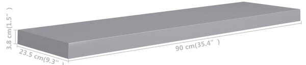 2 db szürke MDF lebegő fali polc 90 x 23,5 x 3,8 cm