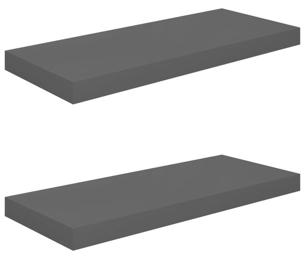 2 db magasfényű szürke MDF lebegő fali polc 60 x 23,5 x 3,8 cm