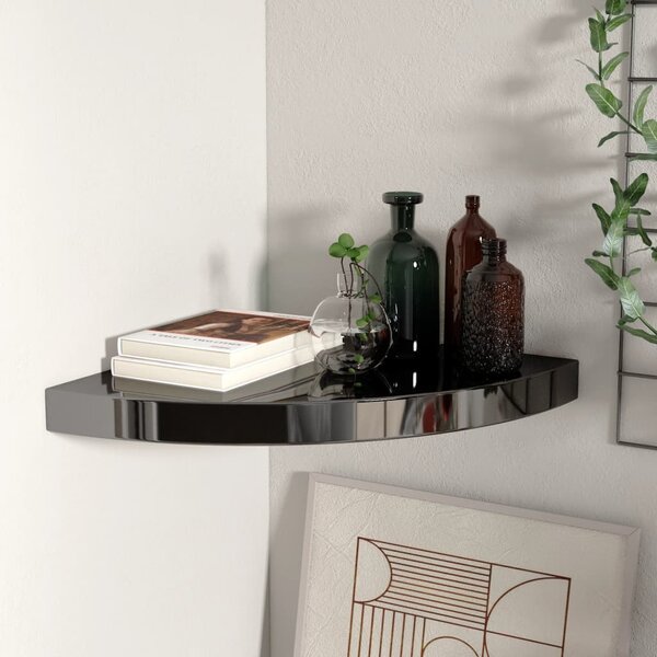Magasfényű fekete MDF lebegő sarokpolc 35 x 35 x 3,8 cm
