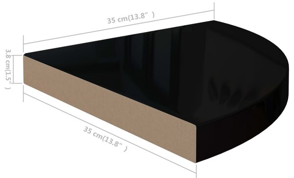 4 db magasfényű fekete MDF lebegő sarokpolc 35 x 35 x 3,8 cm