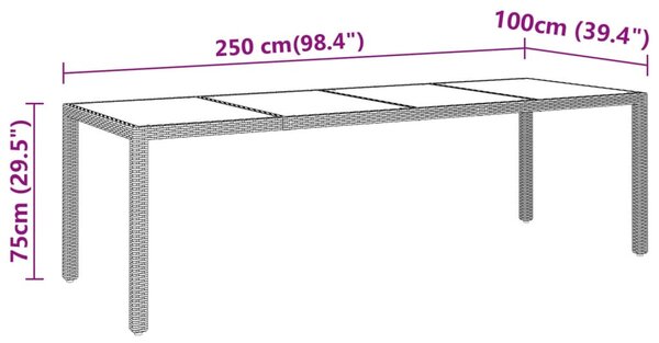 Szürke edzett üveg és polyrattan kerti asztal 250 x 100 x 75 cm