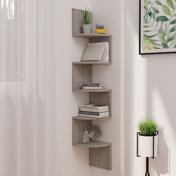 Betonszürke szerelt fa fali sarokpolc 19 x 19 x 123 cm