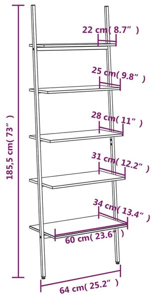 5 szintes fekete létrapolc 64 x 34 x 185,5 cm