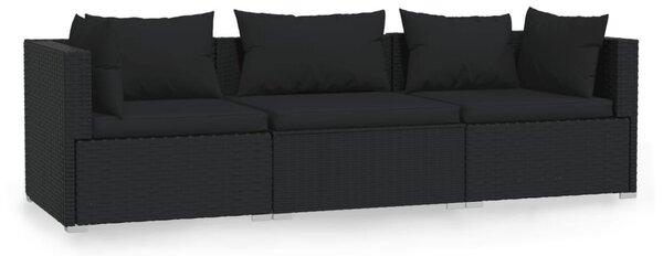 Fekete háromszemélyes polyrattan kanapé párnákkal