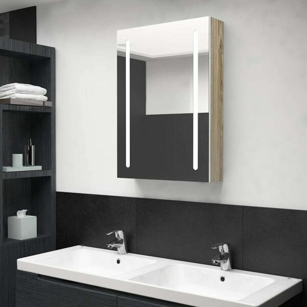 LED-es Tükrös Szekrény - Fehér/Tölgy - 50x13x70 cm