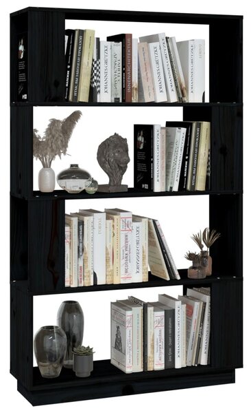 Fekete tömör fenyőfa könyvszekrény/térelválasztó 80x25x132 cm