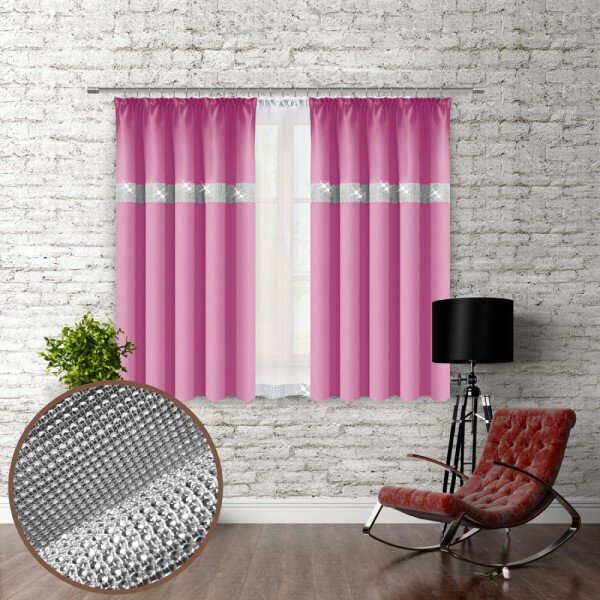 Függöny szalaggal és cirkonokkal 140x160 cm rózsaszín