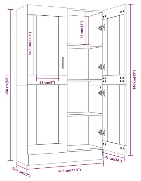 Füstös tölgy színű szerelt fa vitrinszekrény 82,5x30,5x150 cm