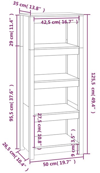 Fekete tömör fenyőfa könyvszekrény 50x35x125,5 cm
