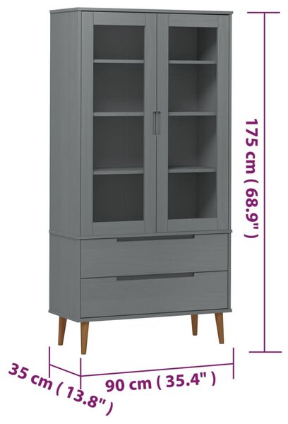 MOLDE szürke tömör fenyőfa vitrin szekrény 90 x 35 x 175 cm