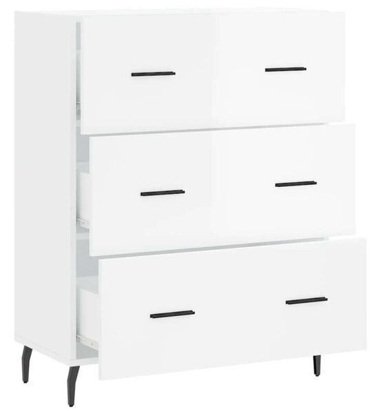 Modern Tálalószekrény - 3 Fiókos - Magasfényű Fehér - 70x34x90 cm