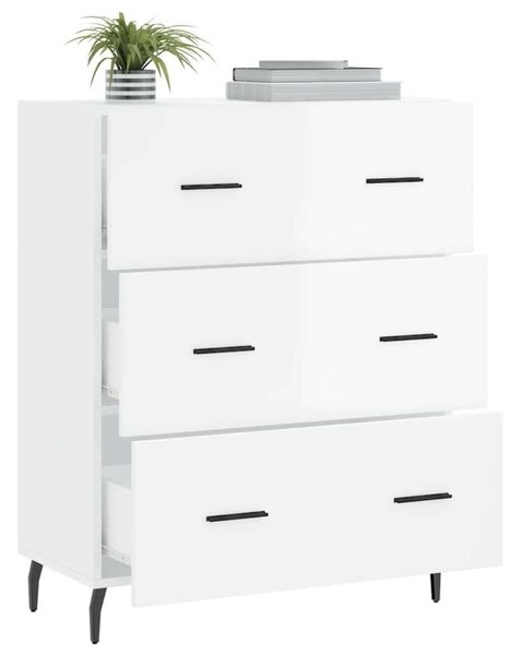 Modern Tálalószekrény - 3 Fiókos - Magasfényű Fehér - 70x34x90 cm