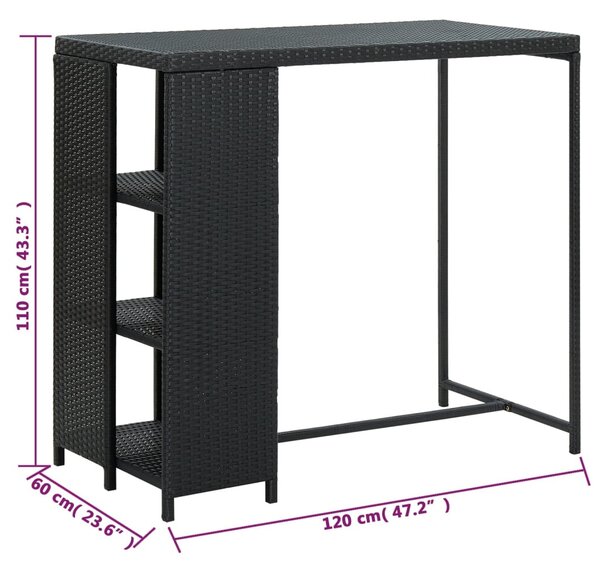 Fekete polyrattan bárasztal tárolópolccal 120 x 60 x 110 cm