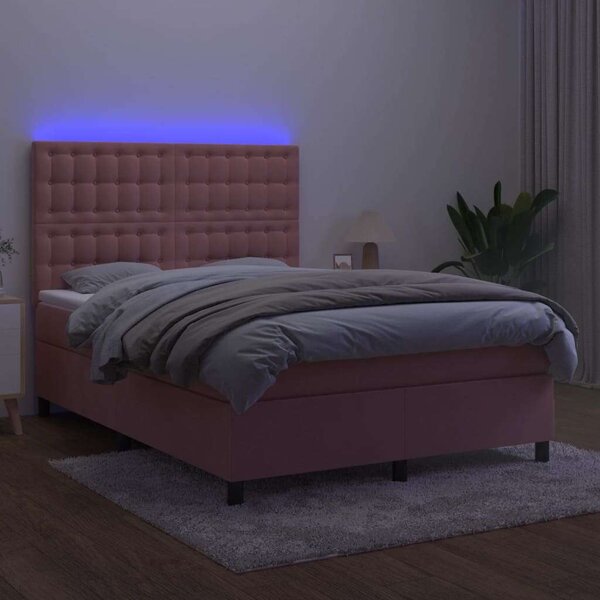 VidaXL rózsaszín bársony rugós és LED-es ágy matraccal 140x200 cm
