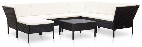 8 részes fekete polyrattan kerti bútorszett párnákkal