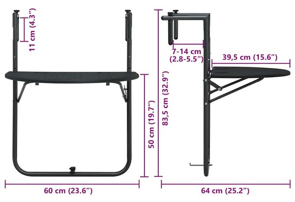 Fekete rattan hatású műanyag függő erkélyasztal 60x64x83,5 cm