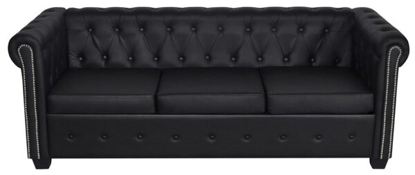 3 személyes fekete műbőr Chesterfield kanapé