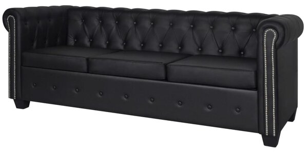 3 személyes fekete műbőr Chesterfield kanapé