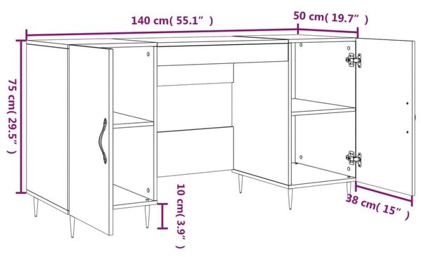 VidaXL Fehér Íróasztal Fiókokkal - 140x50x75 cm