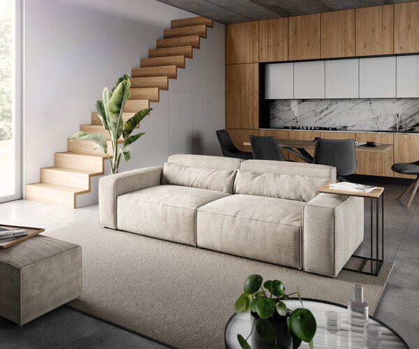 DELIFE Nagy kanapé Sirpio 230x95 cm kordbársony bézs puffal