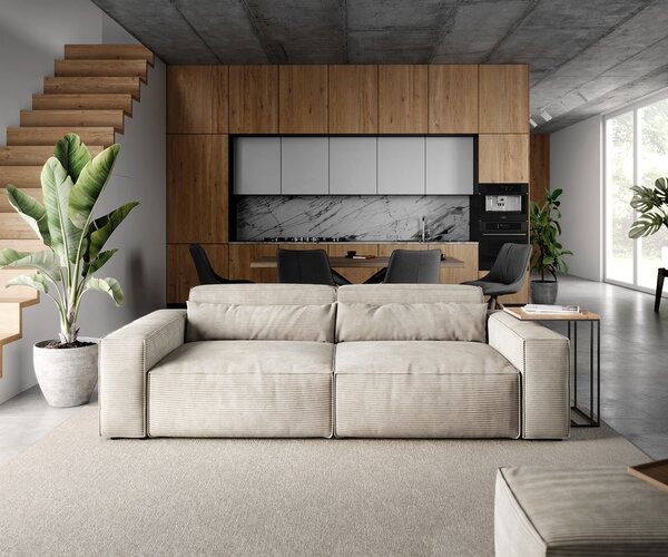 DELIFE Nagy kanapé Sirpio 230x95 cm kordbársony bézs puffal