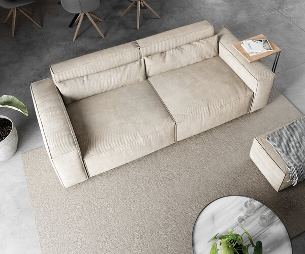 DELIFE Nagy kanapé Sirpio 230x95 cm kordbársony bézs puffal