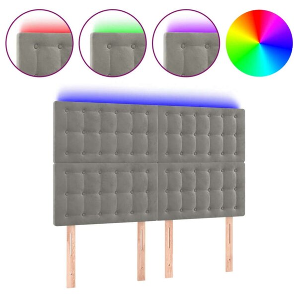 Világosszürke bársony led-es fejtámla 144x5x118/128 cm