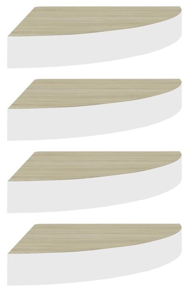 4 db tölgyszínű és fehér MDF fali sarokpolc 35 x 35 x 3,8 cm