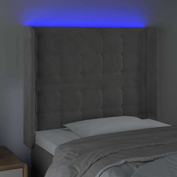Világosszürke bársony led-es fejtámla 83x16x118/128 cm