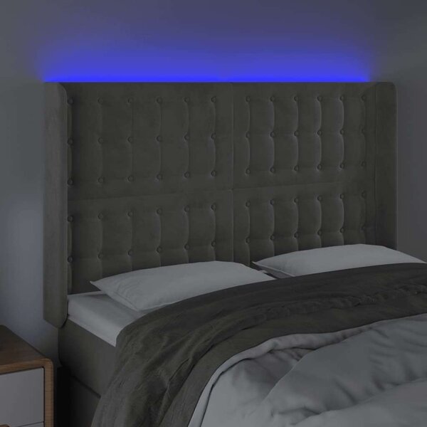 Világosszürke bársony led-es fejtámla 147x16x118/128 cm