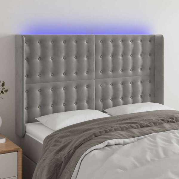 Világosszürke bársony led-es fejtámla 147x16x118/128 cm