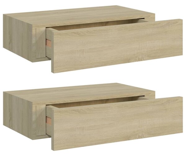 2 db tölgyszínű MDF falra szerelhető fiókos polc 40x23,5x10 cm
