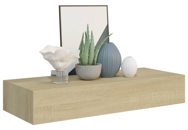 2 db tölgyszínű MDF falra szerelhető fiókos polc 60x23,5x10 cm