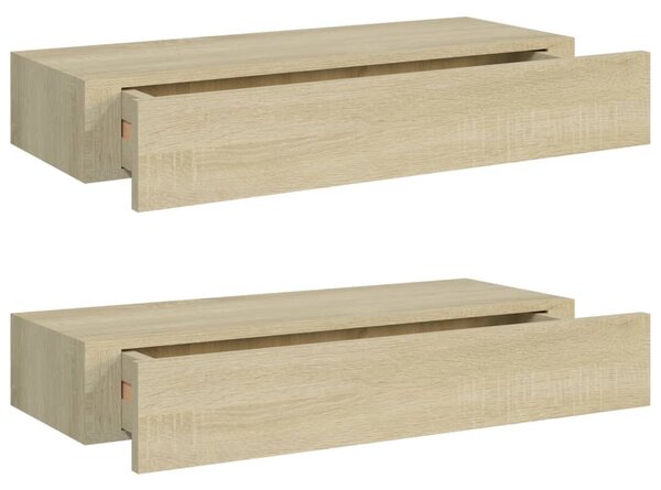 2 db tölgyszínű MDF falra szerelhető fiókos polc 60x23,5x10 cm