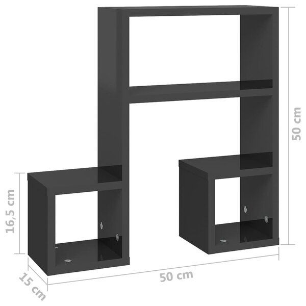 2 db magasfényű szürke szerelt fa fali polc 50 x 15 x 50 cm