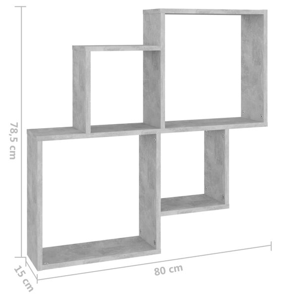 Betonszürke szerelt fa szögletes fali polc 80 x 15 x 78,5 cm