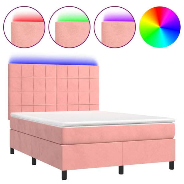 VidaXL rózsaszín bársony rugós és LED-es ágy matraccal 140x190 cm